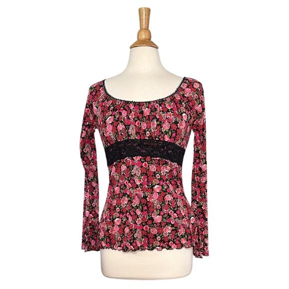 Pink and Black Y2K Long Sleeve Semi Sheer Long Sleeve Floral Square Neck ST20 - Picture 1 of 9